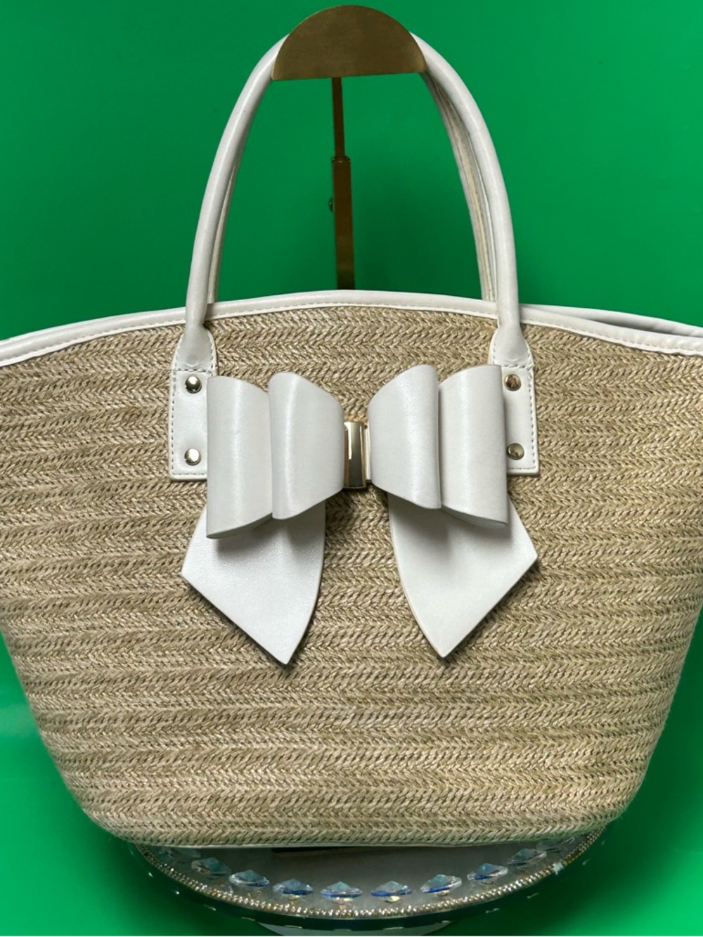 Like Dreams Woven Straw Tote with White Bow Accent Approx. 16 x 10 x 7.5